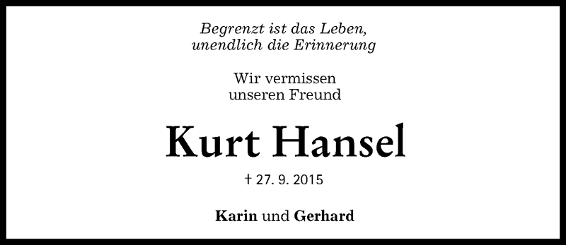  Traueranzeige für Kurt Hansel vom 27.09.2021 aus Augsburger Allgemeine
