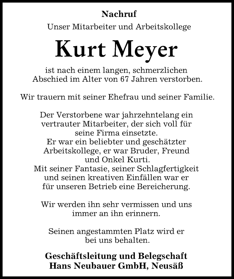 Traueranzeige von Kurt Meyer von Augsburger Allgemeine