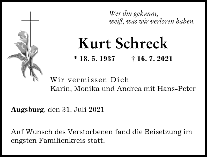 Traueranzeige von Kurt Schreck von Augsburger Allgemeine