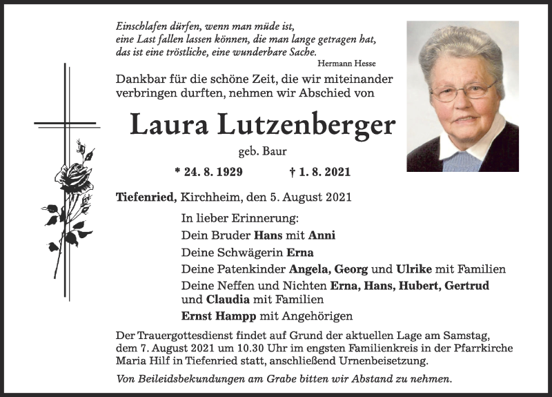 Traueranzeige von Laura Lutzenberger von Mindelheimer Zeitung