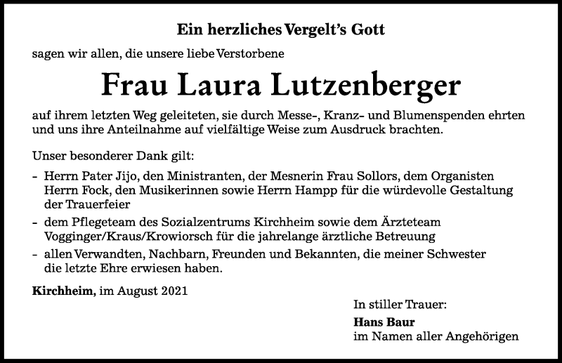 Traueranzeige von Laura Lutzenberger von Mindelheimer Zeitung