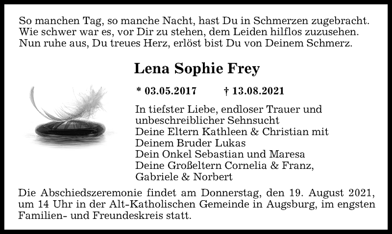 Traueranzeige von Lena Sophie Frey von Augsburger Allgemeine