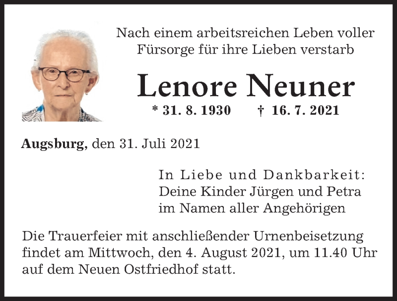 Traueranzeige von Lenore Neuner von Augsburger Allgemeine