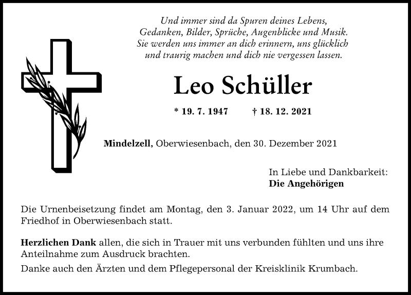 Traueranzeige von Leo Schüller von Mittelschwäbische Nachrichten