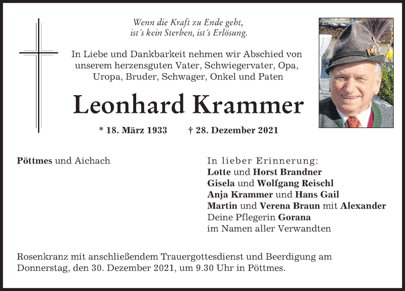 Traueranzeige von Leonhard Krammer von Aichacher Nachrichten