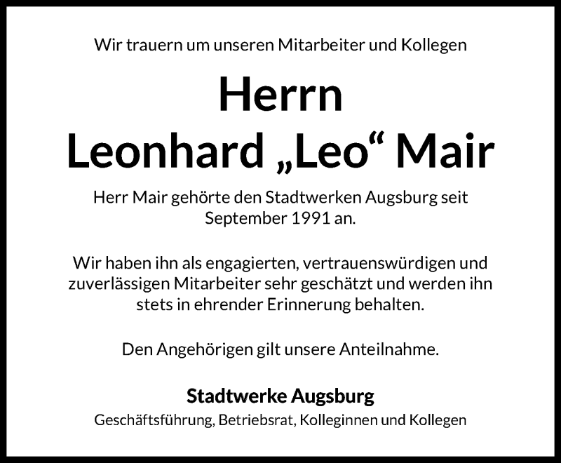 Traueranzeige von Leonhard Mair von Augsburger Allgemeine