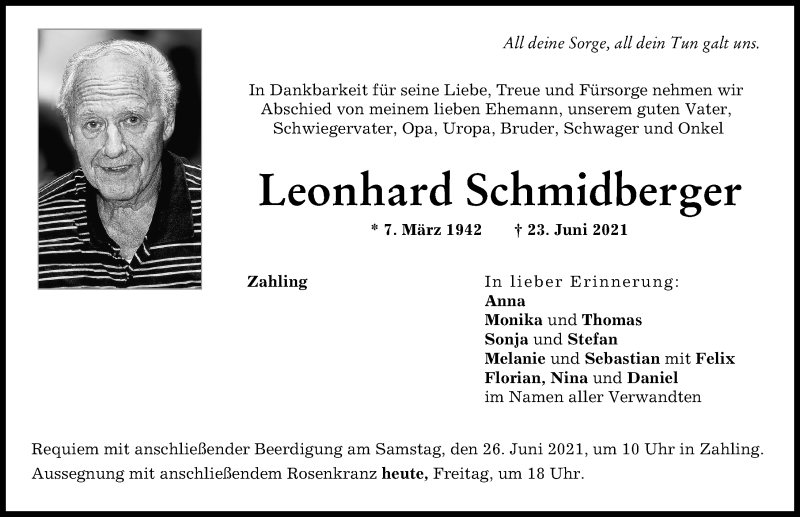  Traueranzeige für Leonhard Schmidberger vom 25.06.2021 aus Aichacher Nachrichten
