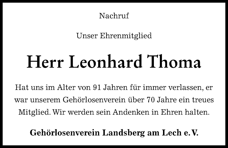 Traueranzeige von Leonhard Thoma von Landsberger Tagblatt