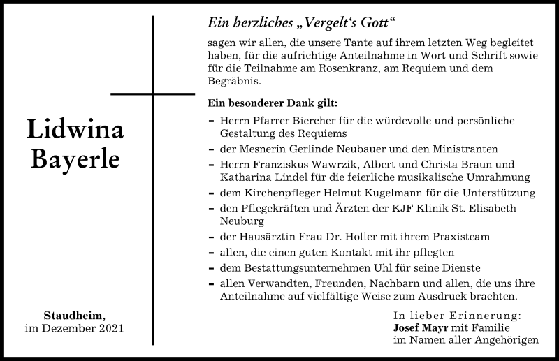 Traueranzeige von Lidwina Bayerle von Donauwörther Zeitung, Neuburger Rundschau