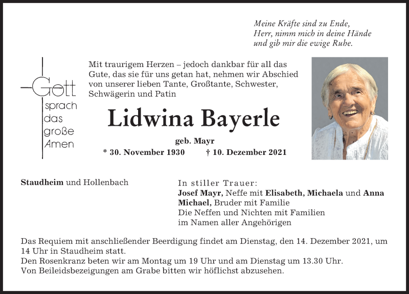 Traueranzeige von Lidwina Bayerle von Neuburger Rundschau, Donauwörther Zeitung