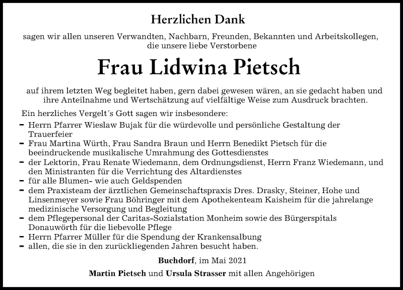 Traueranzeige von Lidwina Pietsch von Donauwörther Zeitung