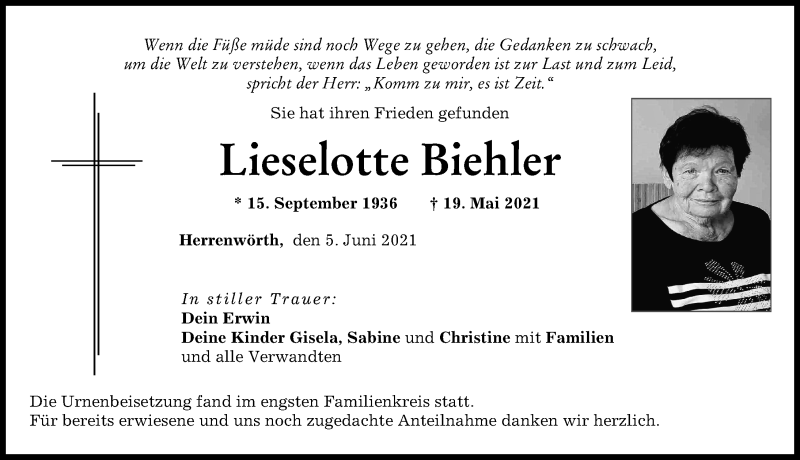 Traueranzeige von Lieselotte Biehler von Neuburger Rundschau