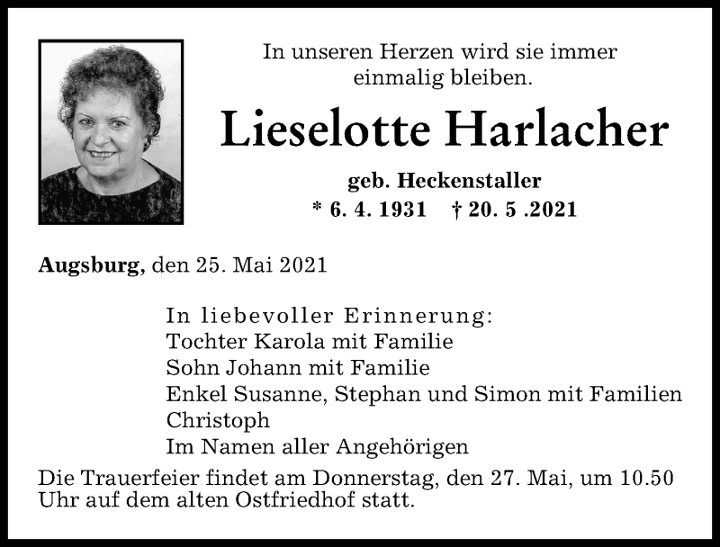 Traueranzeige von Lieselotte Harlacher von Augsburger Allgemeine