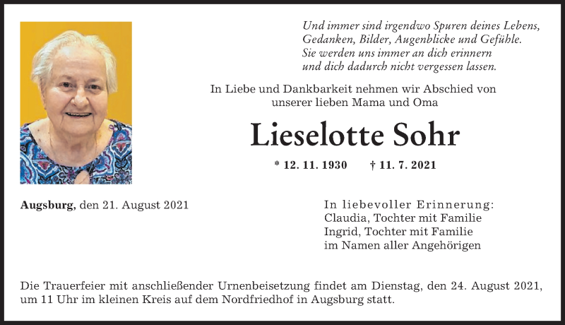 Traueranzeige von Lieselotte Sohr von Augsburger Allgemeine