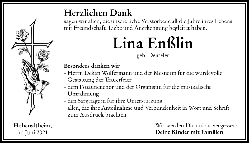 Traueranzeige von Lina Enßlin von Rieser Nachrichten