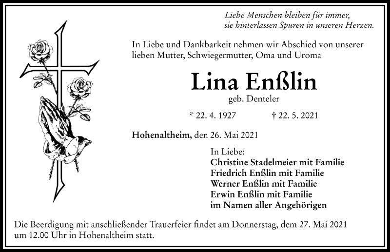 Traueranzeige von Lina Enßlin von Rieser Nachrichten