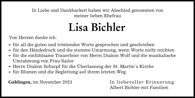 Traueranzeige von Lisa Bichler von Augsburger Allgemeine