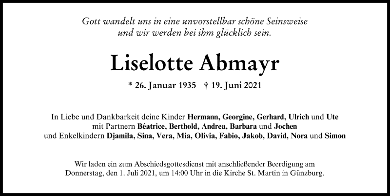 Traueranzeige von Liselotte Abmayr von Günzburger Zeitung