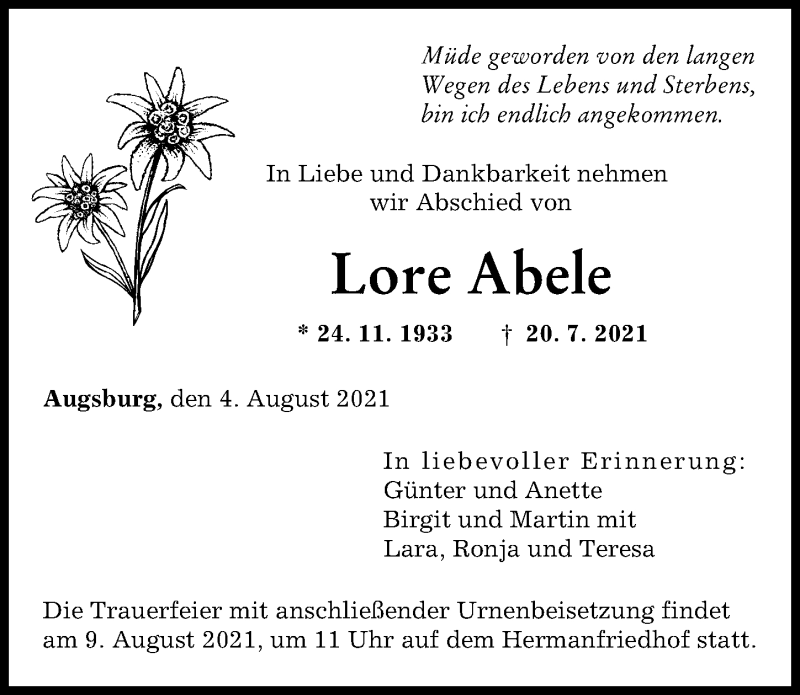 Traueranzeigen Von Lore Abele | Augsburger Allgemeine Zeitung