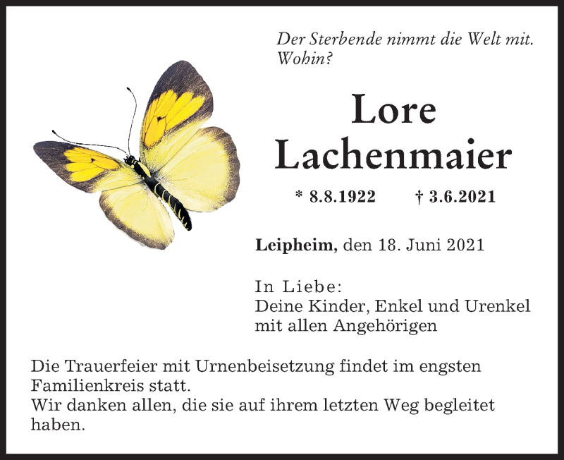 Traueranzeige von Lore Lachenmaier von Günzburger Zeitung