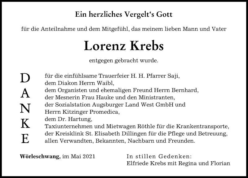 Traueranzeige von Lorenz Krebs von Augsburger Allgemeine