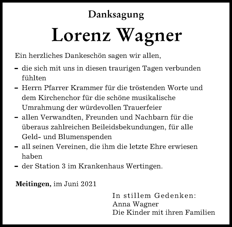 Traueranzeige von Lorenz Wagner von Augsburger Allgemeine