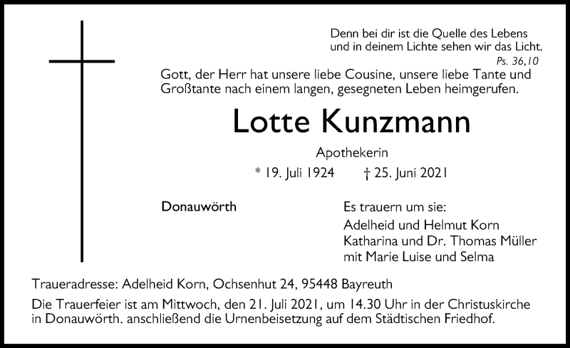 Traueranzeige von Lotte Kunzmann von Donauwörther Zeitung