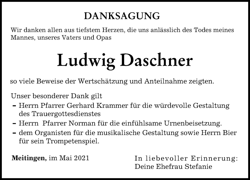 Traueranzeige von Ludwig Daschner von Augsburger Allgemeine