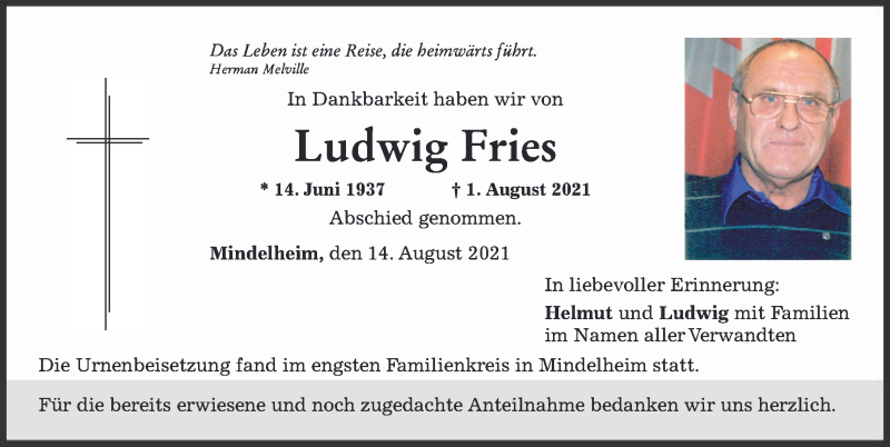 Traueranzeige von Ludwig Fries von Mindelheimer Zeitung