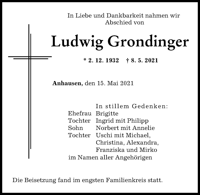 Traueranzeige von Ludwig Grondinger von Augsburger Allgemeine