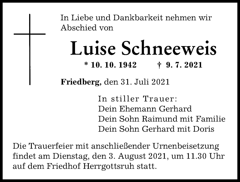 Traueranzeige von Luise Schneeweis von Augsburger Allgemeine