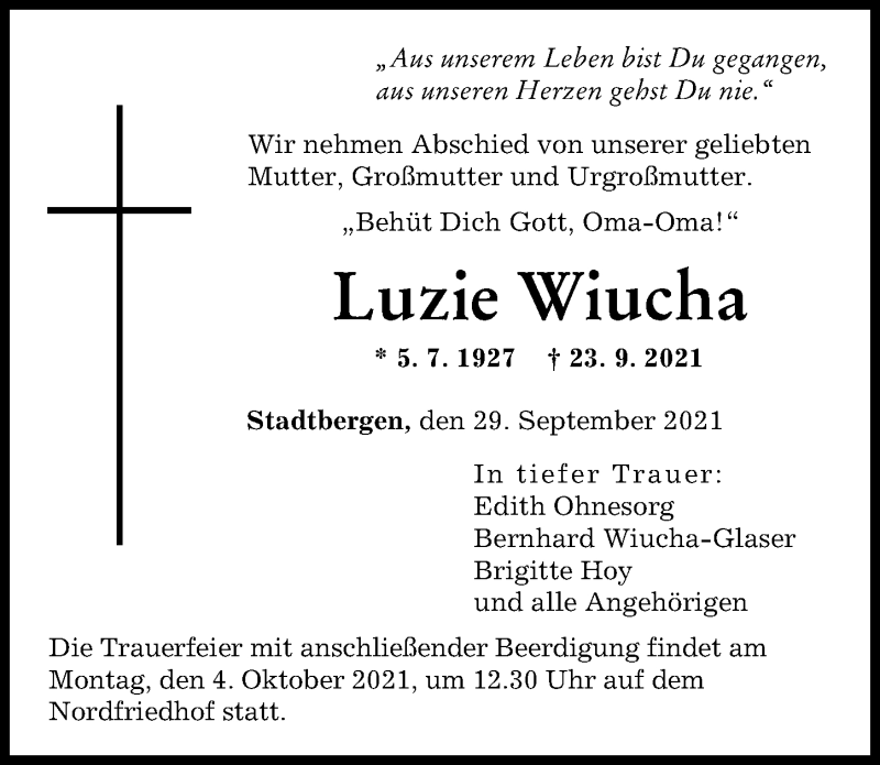  Traueranzeige für Luzie Wiucha vom 29.09.2021 aus Augsburger Allgemeine
