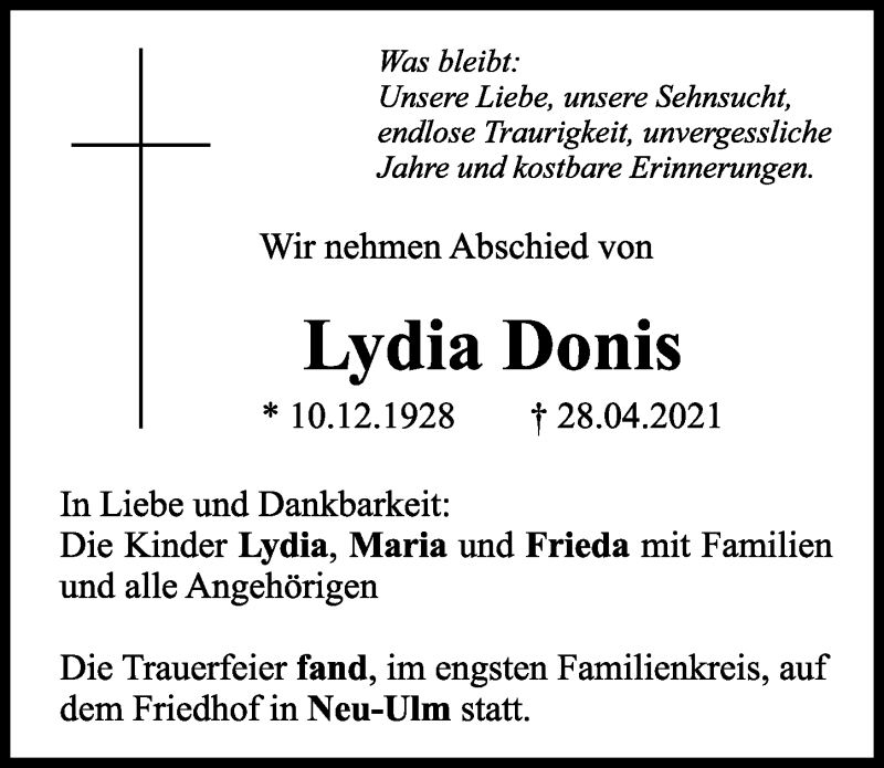 Traueranzeige von Lydia Donis von Neu-Ulmer Zeitung