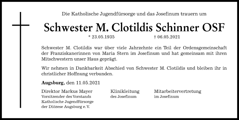 Traueranzeige von M. Clotildis Schinner von Augsburger Allgemeine