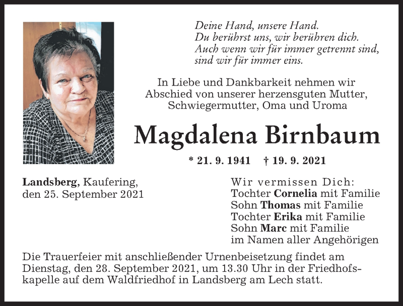  Traueranzeige für Magdalena Birnbaum vom 25.09.2021 aus Landsberger Tagblatt