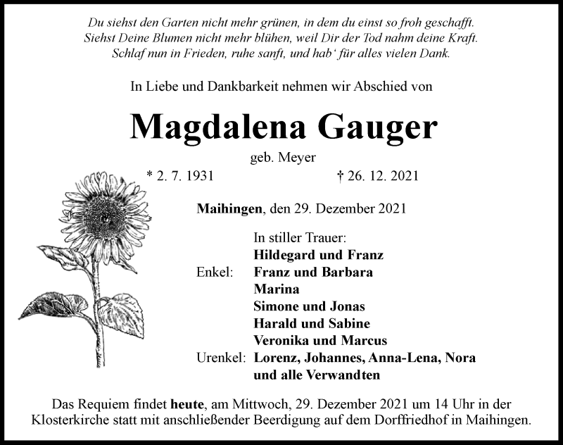 Traueranzeige von Magdalena Gauger von Rieser Nachrichten