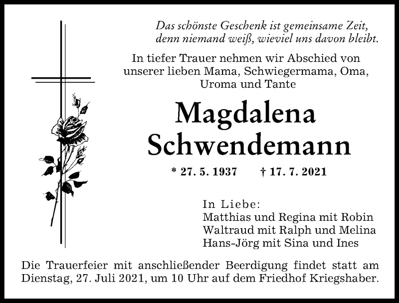 Traueranzeige von Magdalena Schwendemann von Augsburger Allgemeine