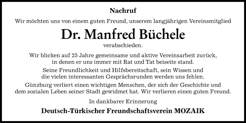 Traueranzeige von Manfred Büchele von Günzburger Zeitung