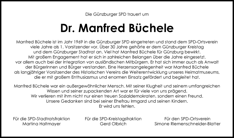 Traueranzeige von Manfred Büchele von Günzburger Zeitung