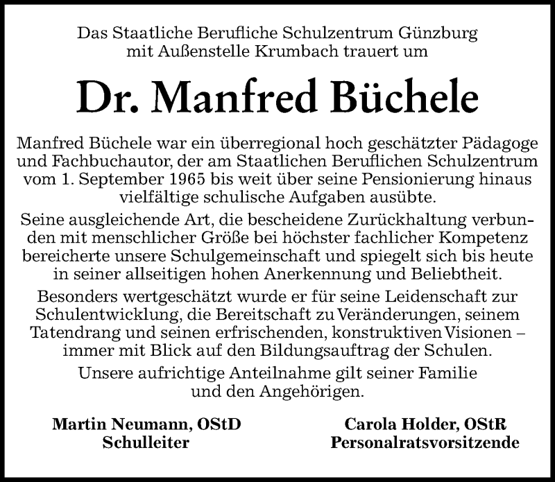 Traueranzeige von Manfred Büchele von Günzburger Zeitung