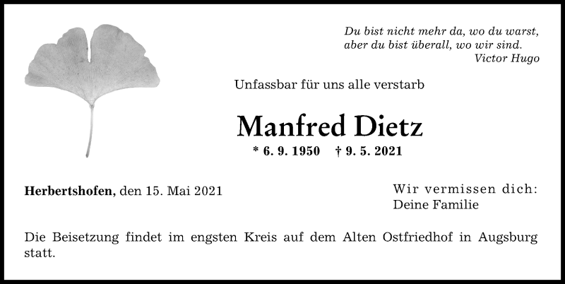 Traueranzeige von Manfred Dietz von Augsburger Allgemeine