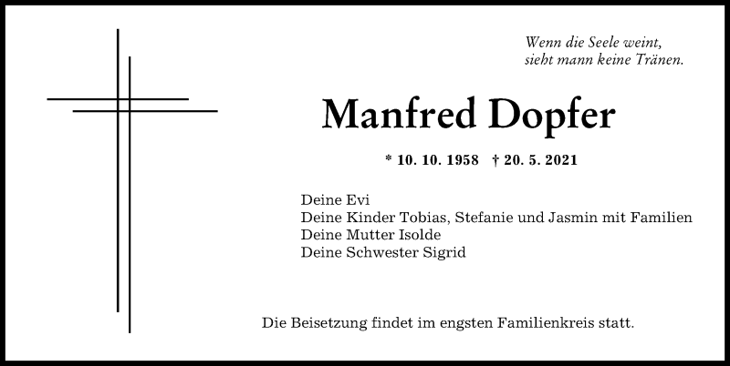 Traueranzeige von Manfred Dopfer von Augsburger Allgemeine