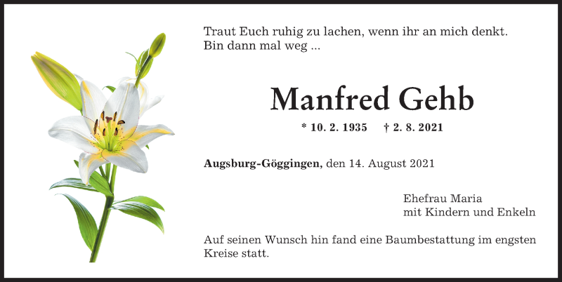 Traueranzeige von Manfred Gehb von Augsburger Allgemeine