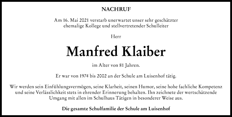 Traueranzeige von Manfred Klaiber von Landsberger Tagblatt