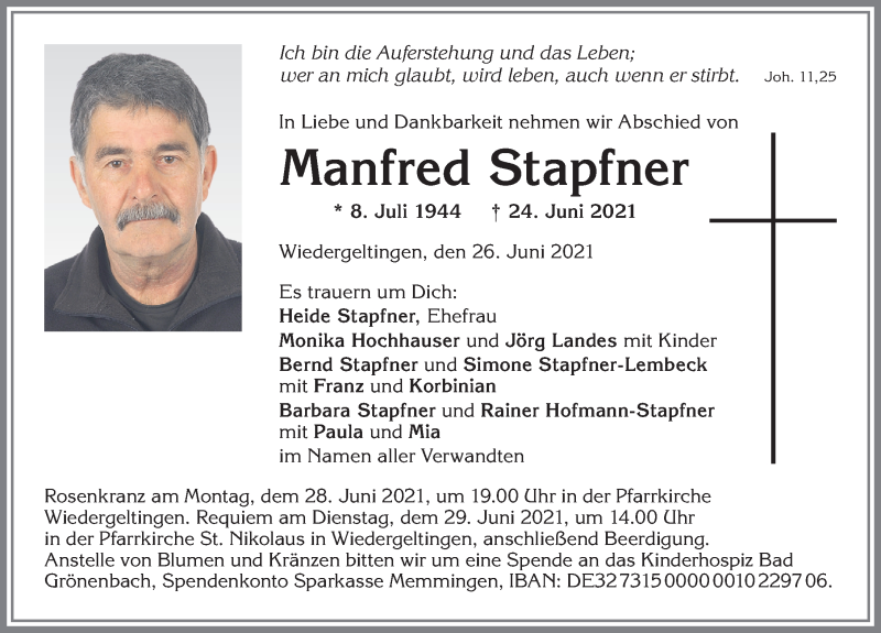 Traueranzeige von Manfred Stapfner von Mindelheimer Zeitung