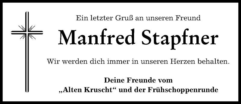 Traueranzeige von Manfred Stapfner von Mindelheimer Zeitung