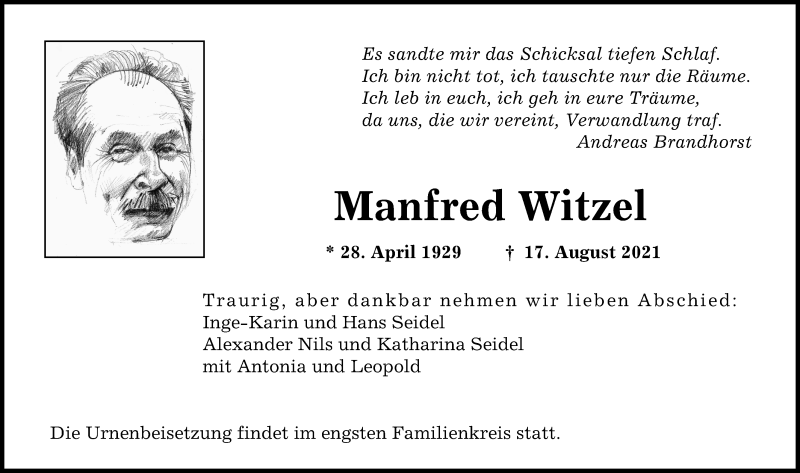 Traueranzeige von Manfred Witzel von Augsburger Allgemeine