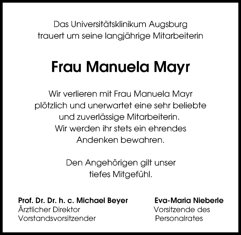 Traueranzeige von Manuela Mayr von Augsburger Allgemeine