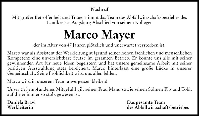 Traueranzeige von Marco Mayer von Schwabmünchner Allgemeine, Augsburg-Land