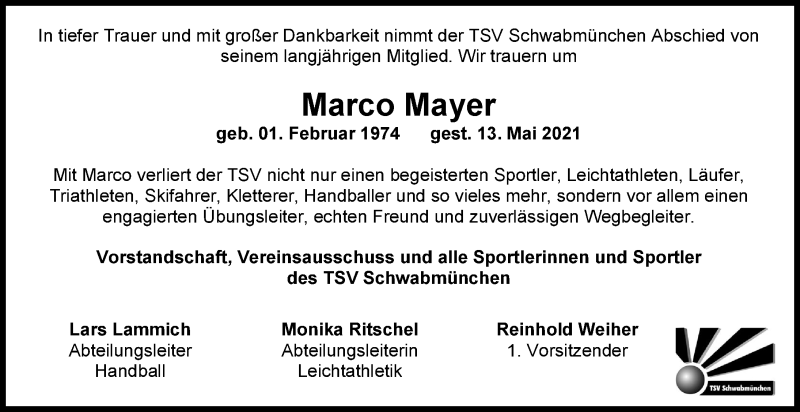 Traueranzeige von Marco Mayer von Schwabmünchner Allgemeine